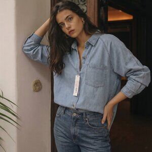 EVERY denim Jean oversized swing bi level women's button-front denim shirt New L